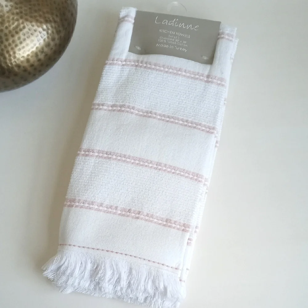 Set Of 3 Laddine White & Light Pink Striped Large Oversized Kitchen Towels